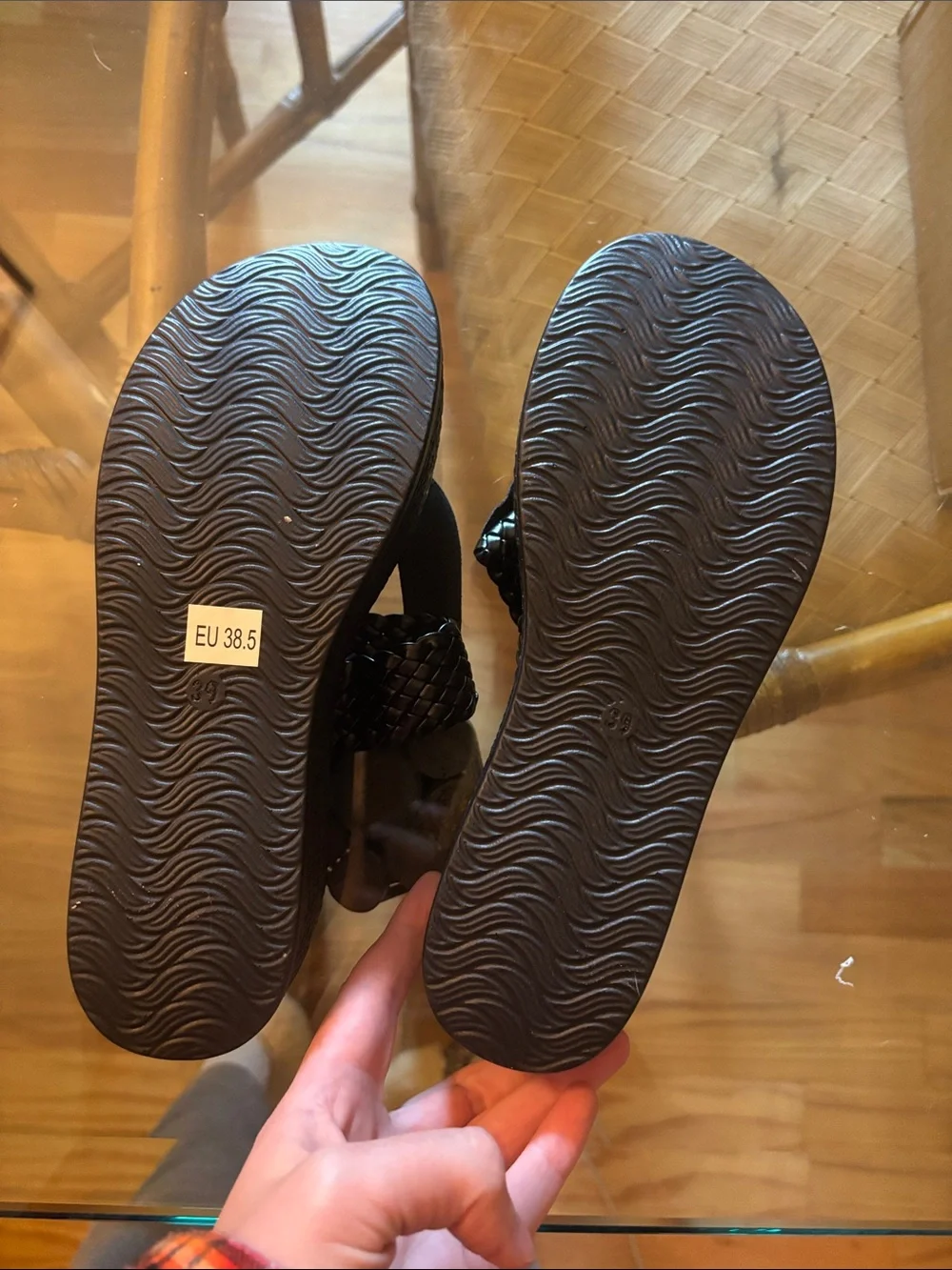 Black Platform Thong Sandals with Gold Accent
